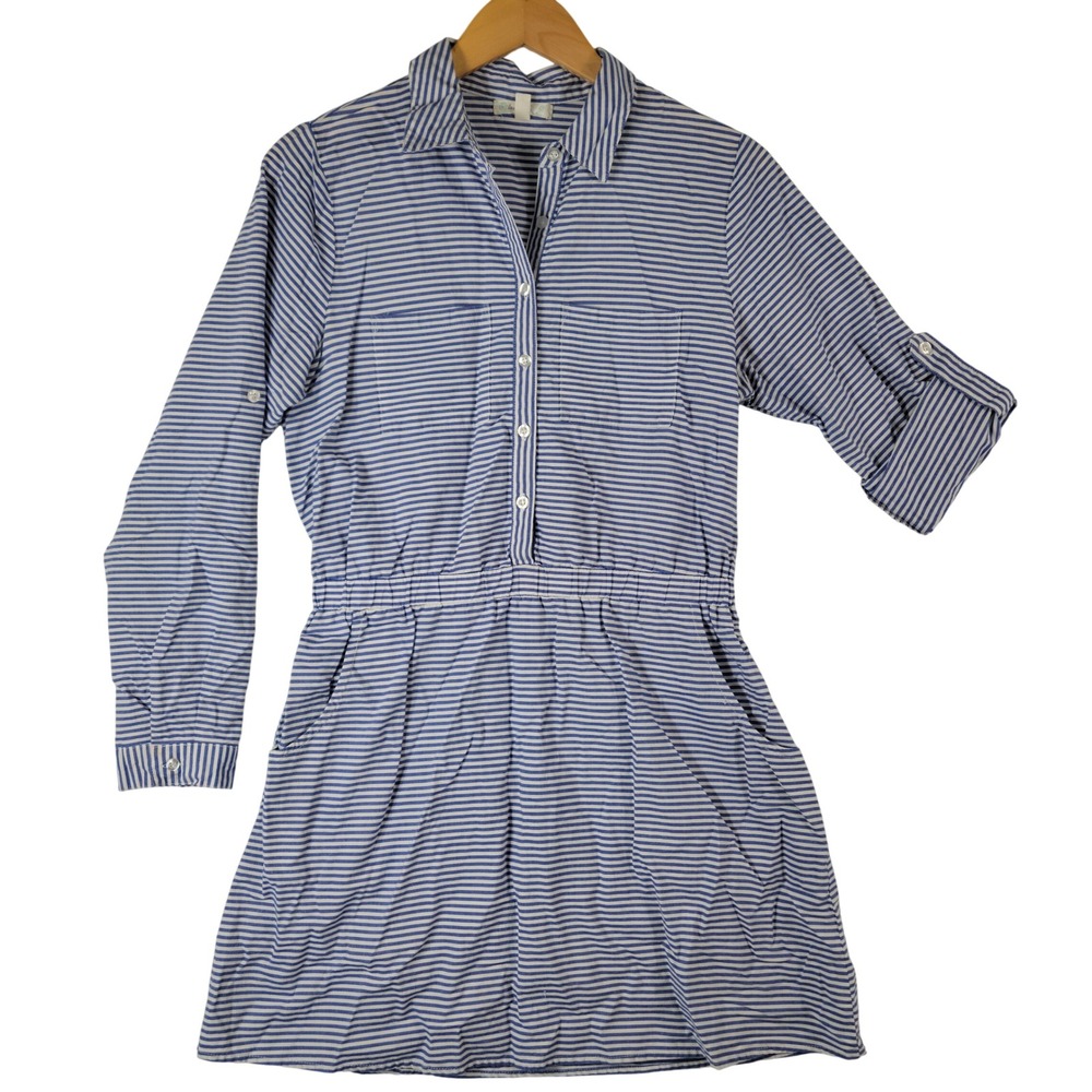 Blue Striped Shirt Dress Womens Large Roll Tab Sleeve Cotton Nautical Coastal